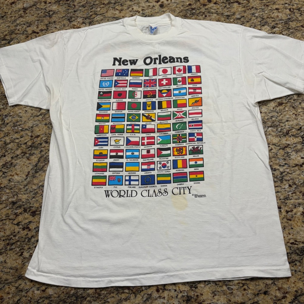 Vintage 1991 Hanes Beefy-T New Orleans World Class City Flags Shirt XL White ws